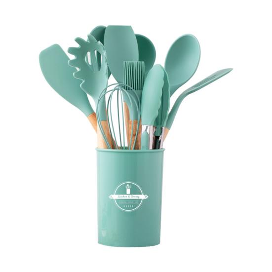 12pcs, Non-Stick Silicone Kitchen Utensil Set with Wooden Handles (Large Size)