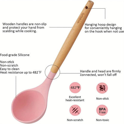 12pcs, Non-Stick Silicone Kitchen Utensil Set with Wooden Handles (Large Size)