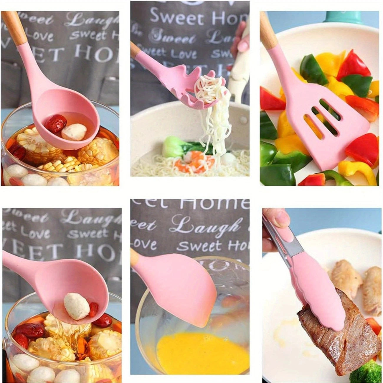 12pcs, Non-Stick Silicone Kitchen Utensil Set with Wooden Handles (Large Size)