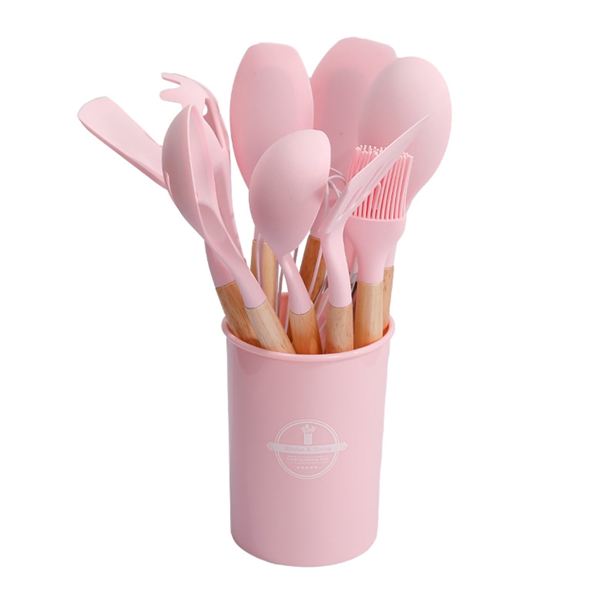 12pcs, Non-Stick Silicone Kitchen Utensil Set with Wooden Handles (Large Size)