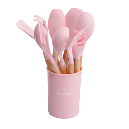 12pcs, Non-Stick Silicone Kitchen Utensil Set with Wooden Handles (Large Size)