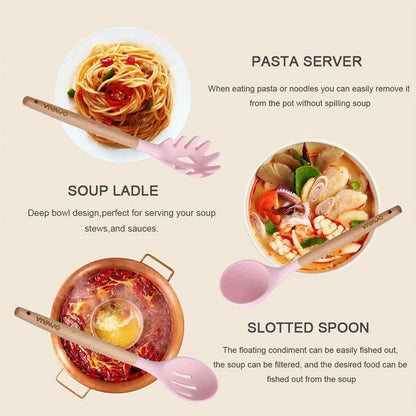 12pcs, Non-Stick Silicone Kitchen Utensil Set with Wooden Handles (Large Size)