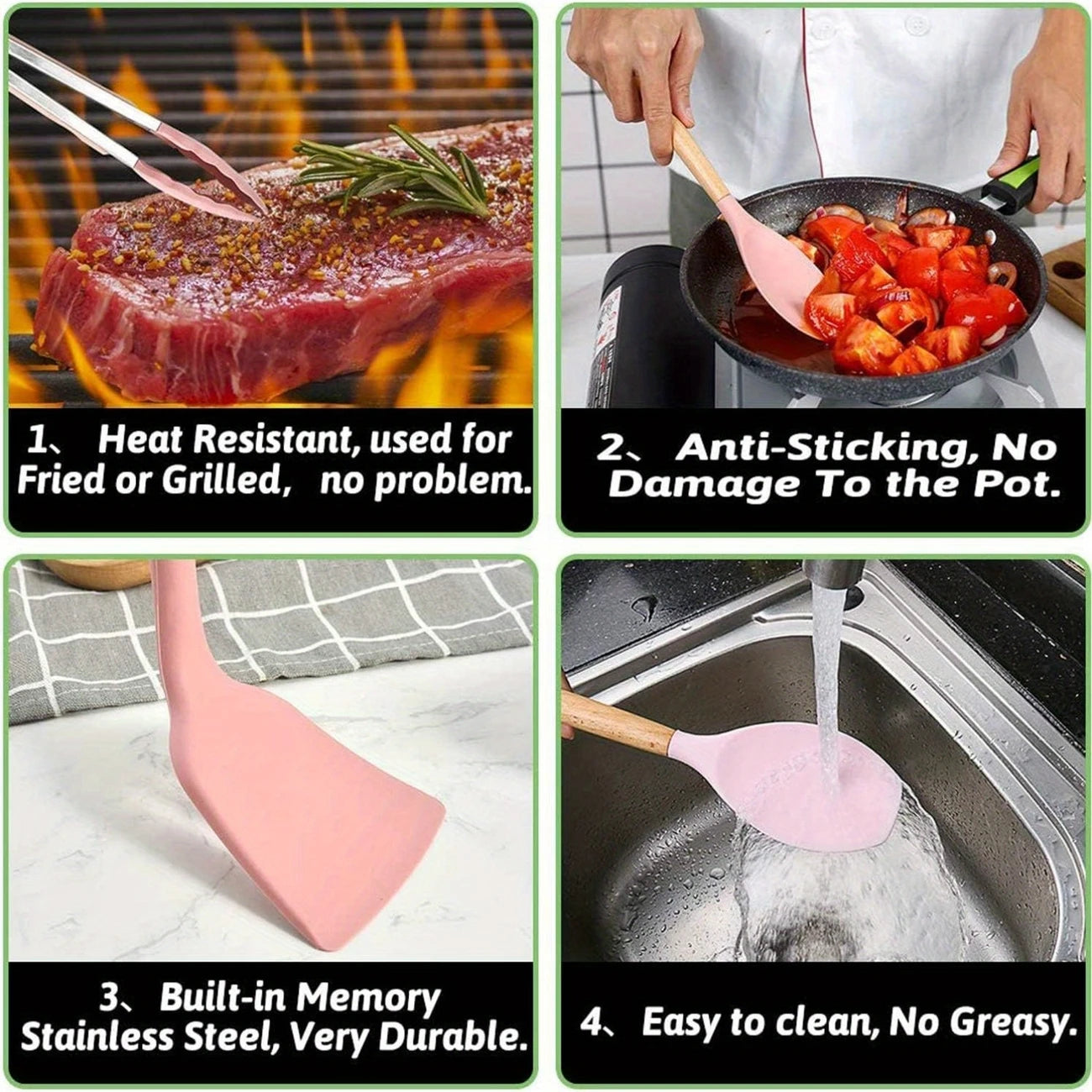 12pcs, Non-Stick Silicone Kitchen Utensil Set with Wooden Handles (Large Size)