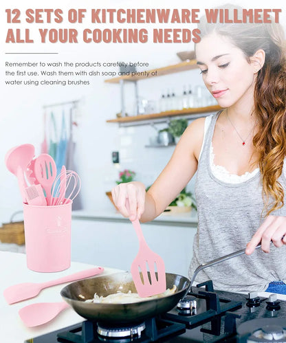 12pcs, Non-Stick Silicone Kitchen Utensil Set with Wooden Handles (Large Size)