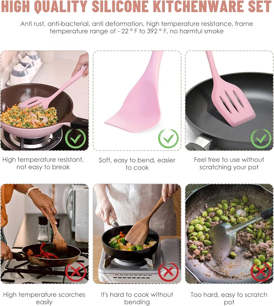 12pcs, Non-Stick Silicone Kitchen Utensil Set with Wooden Handles (Large Size)
