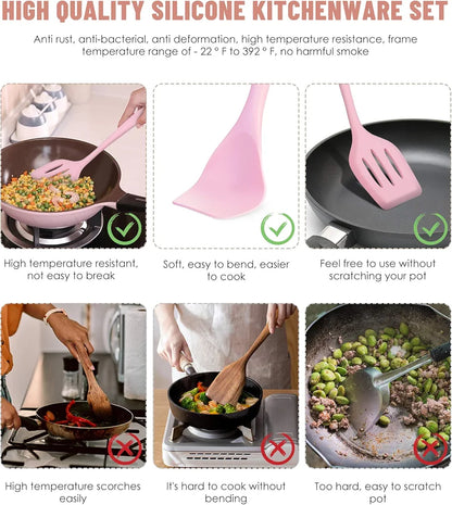 12pcs, Non-Stick Silicone Kitchen Utensil Set with Wooden Handles (Large Size)