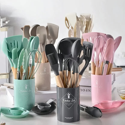 12pcs, Non-Stick Silicone Kitchen Utensil Set with Wooden Handles (Large Size)