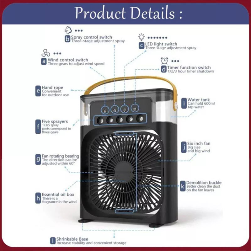 Portable Mini Air Cooler Fan – 3-Speed Mist Fan with LED & Timer