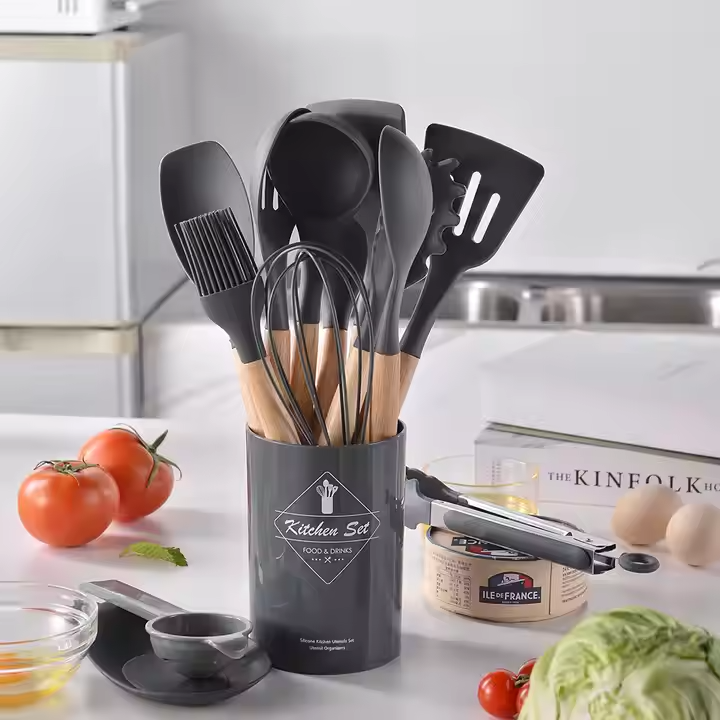 12pcs, Non-Stick Silicone Kitchen Utensil Set with Wooden Handles (Large Size)