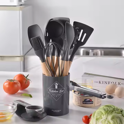 12pcs, Non-Stick Silicone Kitchen Utensil Set with Wooden Handles (Large Size)