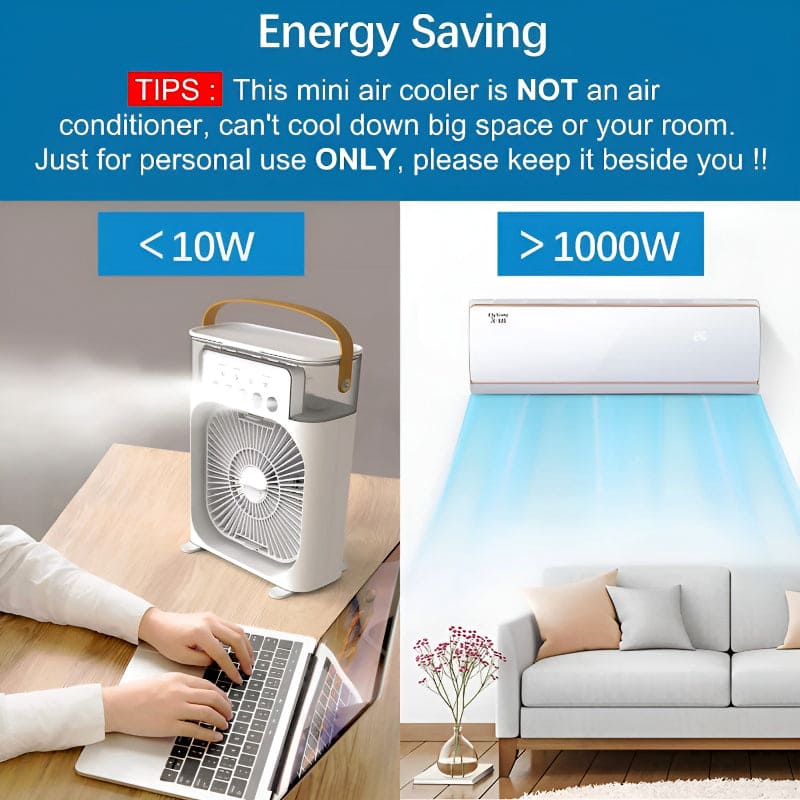 Portable Mini Air Cooler Fan – 3-Speed Mist Fan with LED & Timer