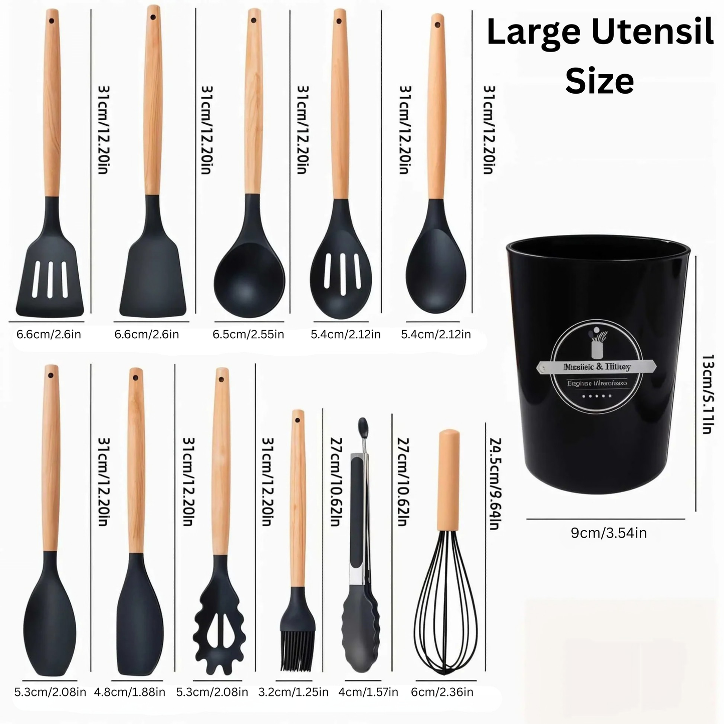 12pcs, Non-Stick Silicone Kitchen Utensil Set with Wooden Handles (Large Size)