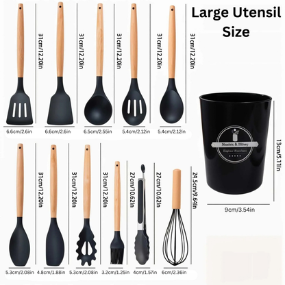 12pcs, Non-Stick Silicone Kitchen Utensil Set with Wooden Handles (Large Size)