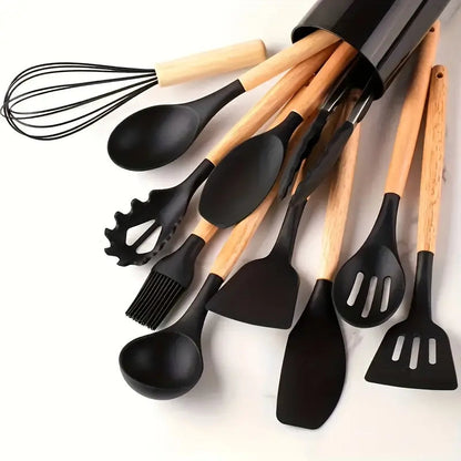 12pcs, Non-Stick Silicone Kitchen Utensil Set with Wooden Handles (Large Size)